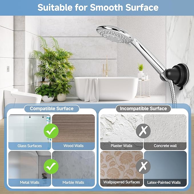 Shower Head Holder, Black 360°Adjustable Handheld Shower Holder Removable No-Drill Strong Adhesive Suction Cup Shower Head Holder for Bathroom