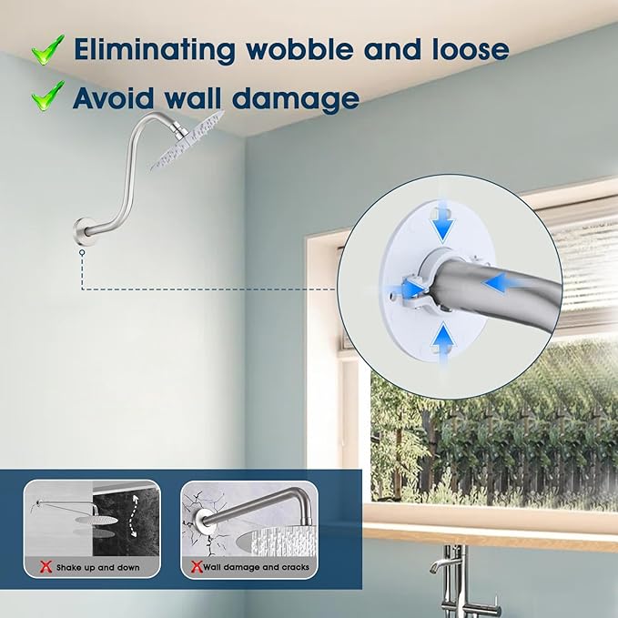 Shower Head Arm 10 Inch Brushed Nickel, RAINREVIVE S Shaped Shower Head Extender Arm with Flange