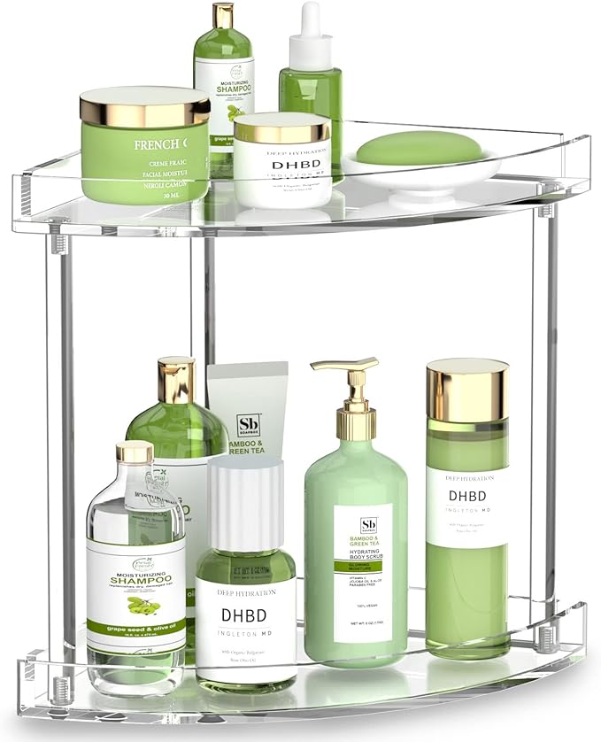 NPPLUS 2 Tier Acrylic Bathroom Counter Organizer, Clear Bathroom Countertop Corner Organizer, 2-Tier Corner Storage Shelf Vanity Trays, Home Storage Holder for Makeup Cosmetics Perfume Organizer