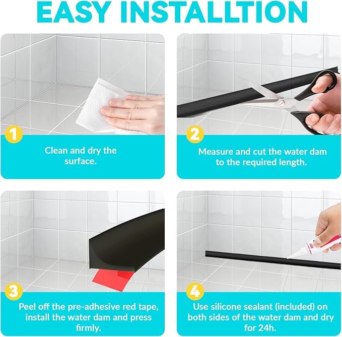 Shower Threshold Water Dam Barrier 39", Silicone Sealant Included, Collapsible Self-Adhesive Water Blocker, Shower Door Water Stopper for Floor Bathroom Kitchen Bathtub Sink