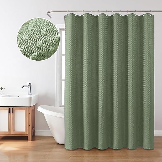 Inhousolu Fabric Shower Curtain Waffle Weave, Sage Green 230 GSM Heavy Duty, Weighted Hem, 14 Metal Hooks, Water Repellent, Machine Washable, Hotel Spa Luxury Bath Curtain Set, 72 x 96 Inch