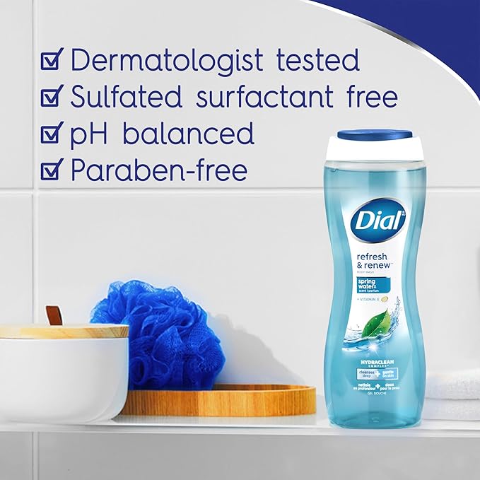Dial Body Wash, Refresh & Renew Spring Water, 16 Fl Oz (Pack of 4), Hydraclean Complex & Vitamin E, Gentle, Leaves Skin Feeling Nourished, Dermatologist-Tested, No Parabens & Sulfates