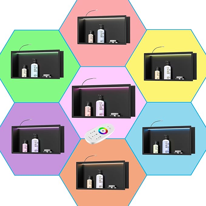 RGB LED Light Shower Niche, Matte Black 18X12 in Stainless Steel Recessed Storage with Remote Control, Waterproof No Tile Needed Wall Niche for Bathroom Storage Built-in Installation