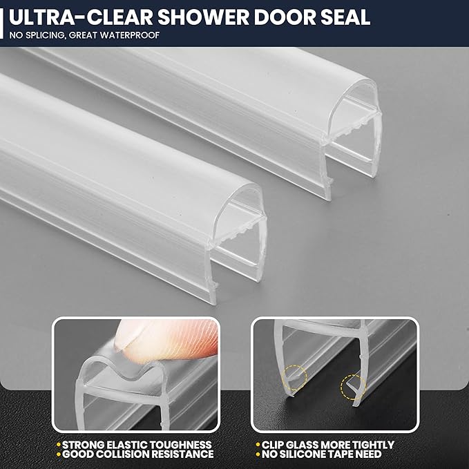 Shower Glass Door Side Seal, 2PCS 78 Inch Ultra Clear U-Shape PVC Seal Strip, for 1/2"(12mm) Thick Frameless Glass Door, to Stop Water Leakage