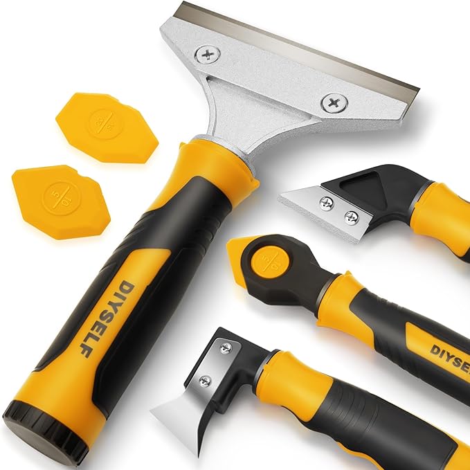 DIYSELF Caulking Tool, 4 in 1 Caulk Remover Tool for Bathroom, Bathtub, Grout, Shower, Tile, Window, Razor Scraper Tool for Cleaning, Silicone Caulk Removal Tool (Yellow)