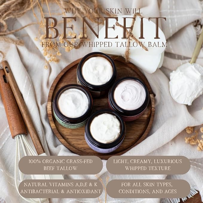 100% Grass-Fed Lavender infused Whipped Tallow Balm-Organic Raw Manuka Honey & Organic Jojoba Oil, Face and Body Moisturizer for Dry, Sensitive Skin, Eczema (Lavender Honey)