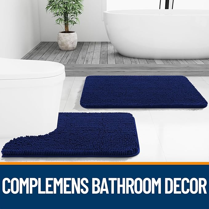 OLANLY Bathroom Rugs Sets 2 Piece, Soft Absorbent Chenille Bath Mats and U-Shaped Contour Toilet Mat Area Rug Set, Machine Washable Bath Carpet, Home Decor Accessories(24"x16"+24"x20", Navy)