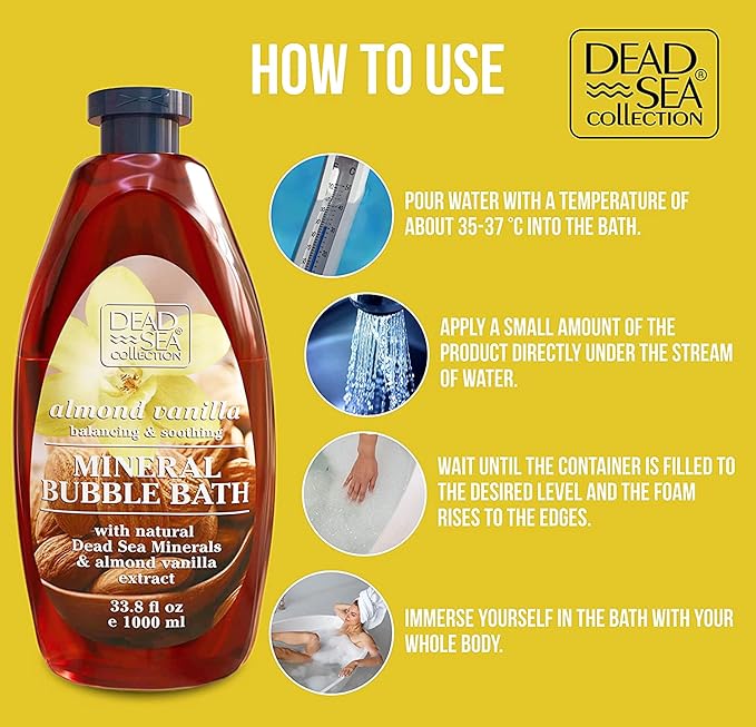 Dead Sea Collection Bubble Bath with Almond Vanilla for Women and Men - Sweet Almond Oil and Dead Sea Salt - Nourishing and Moisturizing Skin - Pack of 2 (67.6 fl.oz)
