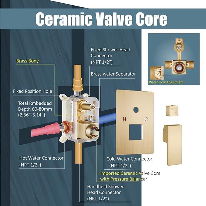 Aolemi Ceiling Mount Shower System Rain Shower Head with Handheld Spray High Pressure Shower Faucet Set Rough-in Valve Shower Trim Kit Included Bathroom Brushed Gold 10 Inch Ceiling Shower Head
