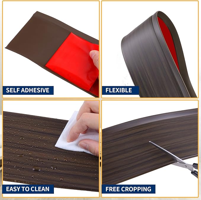 Flexible Baseboard Molding Trim 4 Inch Self-Adhesive Vinyl Wall Base Peel and Stick Cove Base Rubber Wall Baseboard Moulding Trim (200Ft, Brown Oak)