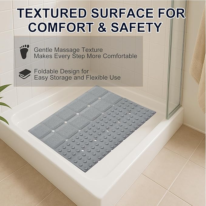 Anti Slip Shower Mat for Tub & Shower Stall, 21" x 21" Square Silicone Bathtub Mat with Powerful Suction Cups, Fast-Draining, Machine Washable Soft Foldable Bathroom Mat, Grey