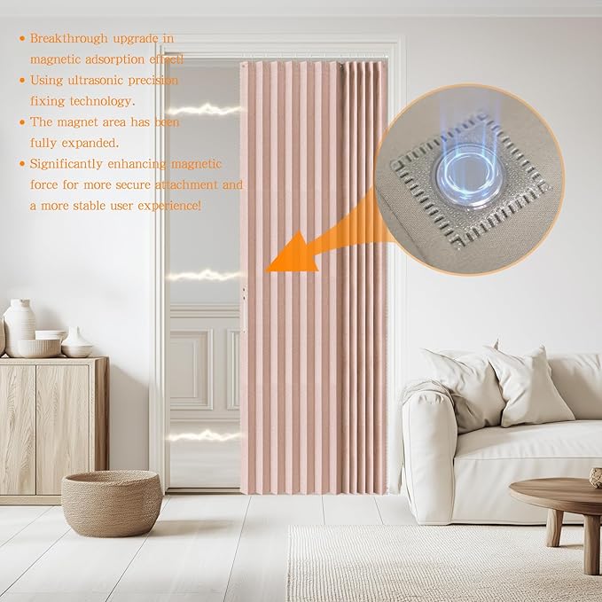 Accordian Door Curtain, 100% Blackout Folding Magnetic Doorway Curtains,Linen Style Closet Doors,for Room Divider,Privacy Protection（W52 x L78,Pink,1 Panel）