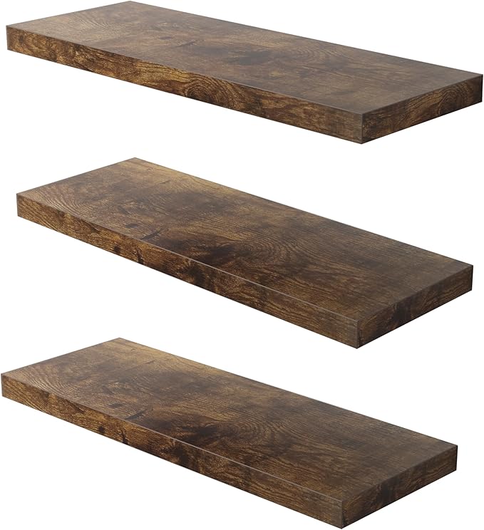 Floating Shelf, Set of 3 Wall Shelf, 24 in W x 12.75 in D x 2 in H Wooden Floating Wall Shelf with Invisible Brackets for Living Room/Bedroom/Bathroom/Kitchen Storage and Decor, Rustic Brown