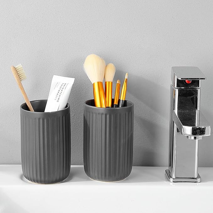 Grey Toothbrush Holders for Bathrooms - 2 Cups Ceramic Toothbrush Toothpaste Holders Set, White Bathroom Tumbler Cups Reusable Toothbrush Mouthwash Cup, Bathroom Counter Organizer.