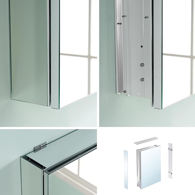 WELLFOR 16" x 30" Bathroom Medicine Cabinet, Anodized Chrome Aluminum Frame, Medicine Cabinet with Adjustable Glass Shelves, Bathroom Cabinet with Reverse Door Installation, Surface or Recessed Mount