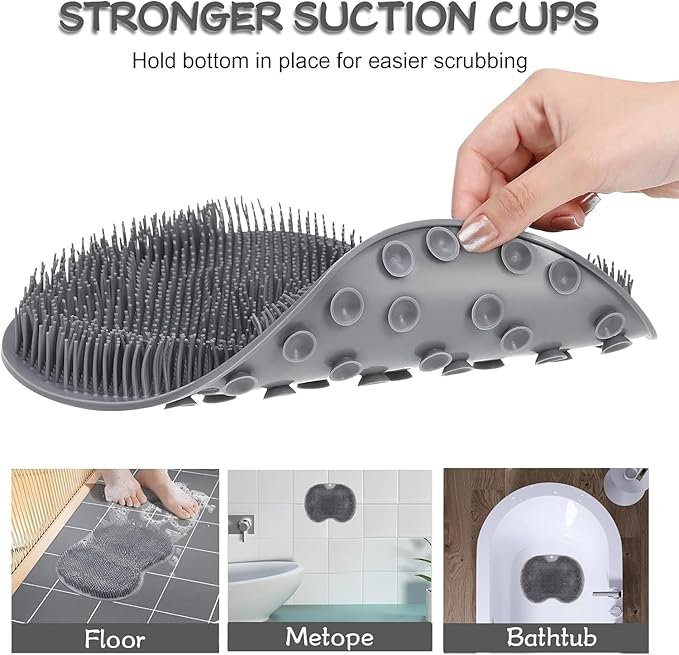 Shower Foot Scrubber Mat with Non-Slip Suction Cups, Exfoliating Foot and Back Washer Pad for Bathtub and Shower Floor (Gray)