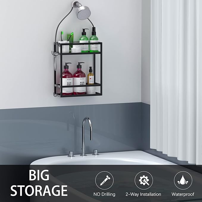 Meangood Shower Caddy, 10.4" x 4.5" x 22.04" Hanging Shower Caddy Organizer Over Shower Head Big Capacity for Shampoo, Conditioner with Hooks for Razor/Sponge, Matte Black
