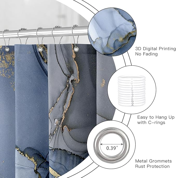 Extra Long Shower Curtain 72 x 96 Inch, Navy Blue Floor to Ceiling X-Long Abstract Marble Shower Curtains for Bathroom, Modern Luxury Art Ink Fabric Shower Curtain Set with Hooks