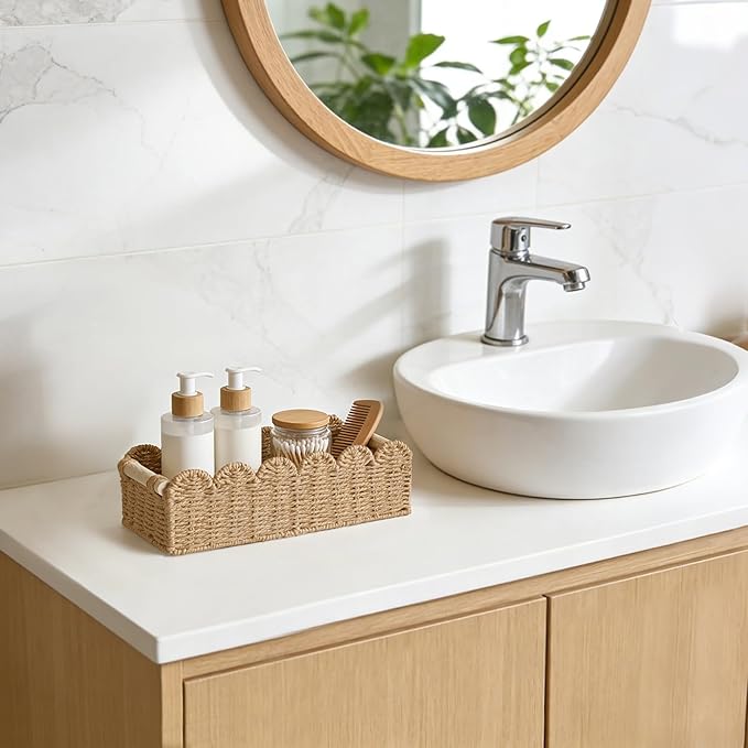 Dahey 2 Pcs Woven Paper Rope Toilet Paper Storage Basket for Over Toilet Storage Shelf Scalloped Edge Toilet Tank Basket with Handles for Organizing, Bathroom Countertop Living Room Bedroom Home Decor
