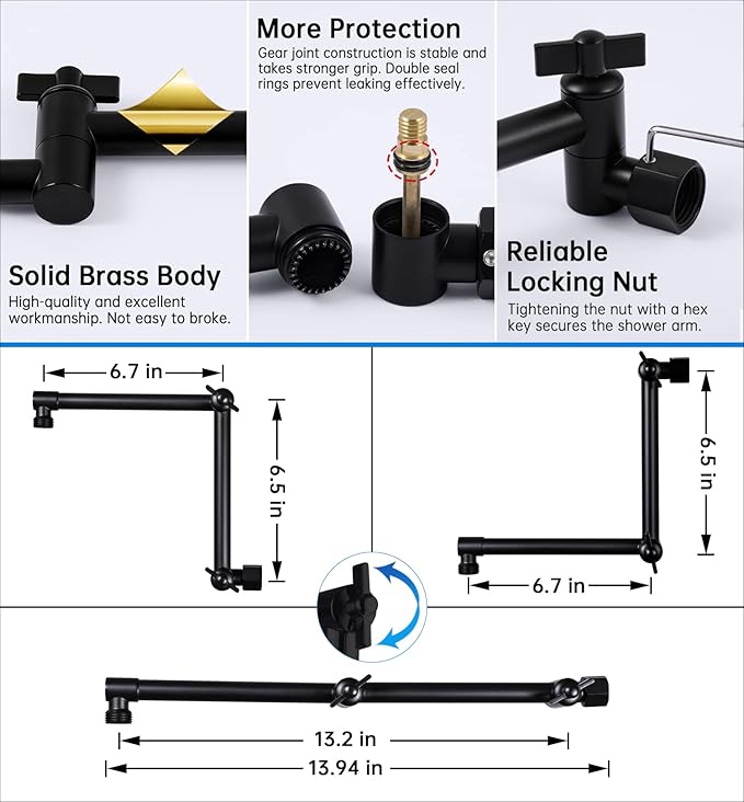 G-Promise 13 Inch Shower Head Extension Arm, Solid Brass Height & Angle Adjustable Extender, Rise or Lower Rainfall and Fixed Shower Head (Matte Black)