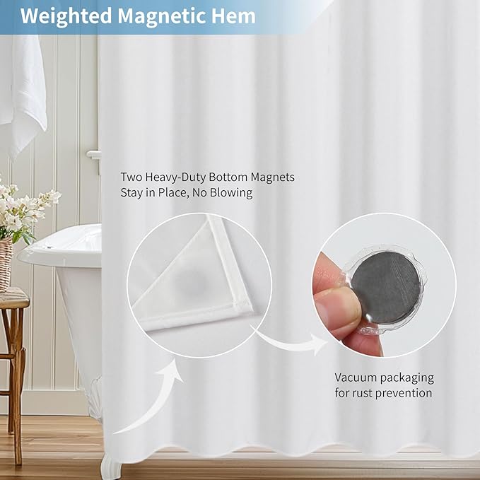 2-in-1 Waterproof Fabric Shower Curtain or Liner,Linen Textured,Breathable TPU & Washable Bathroom Shower Curtain Set with 12 Plastic Hooks,72"x72",White
