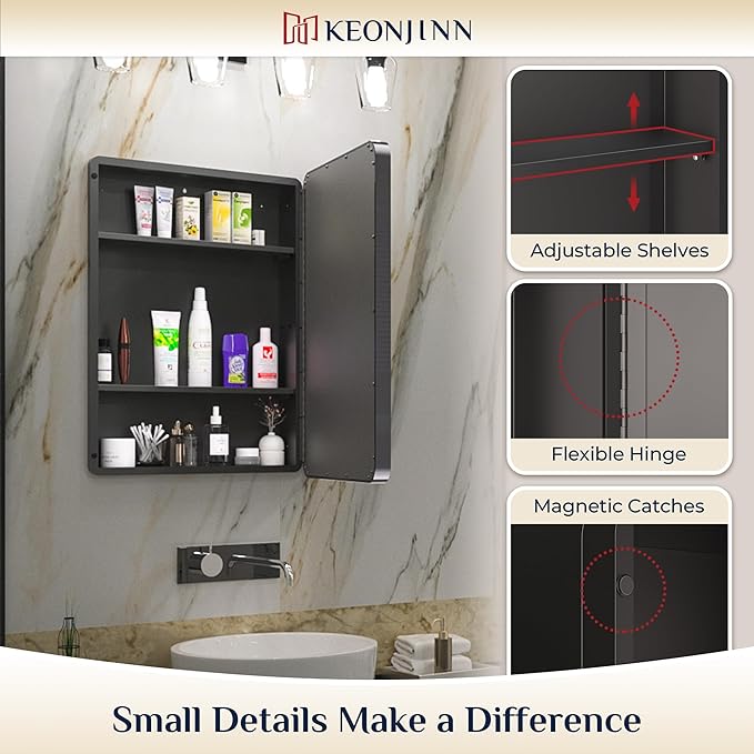 Keonjinn 20 x 26 Inch Black Recessed Medicine Cabinets, Bathroom Mirrored Medicine Cabinet, Gloss Black Stainless Steel Framed, Adjustable Shelves, in Wall or Surface Mount, Sturdy & Heavy, Farmhouse