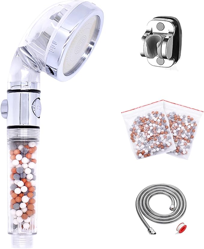 Filtered Shower Head with Handheld, 3 Spray Modes, Ecowater, Anion Mineral beads Purifying Water, ON/OFF Button, Adjustable shower holder and shower hose, 0.35kg