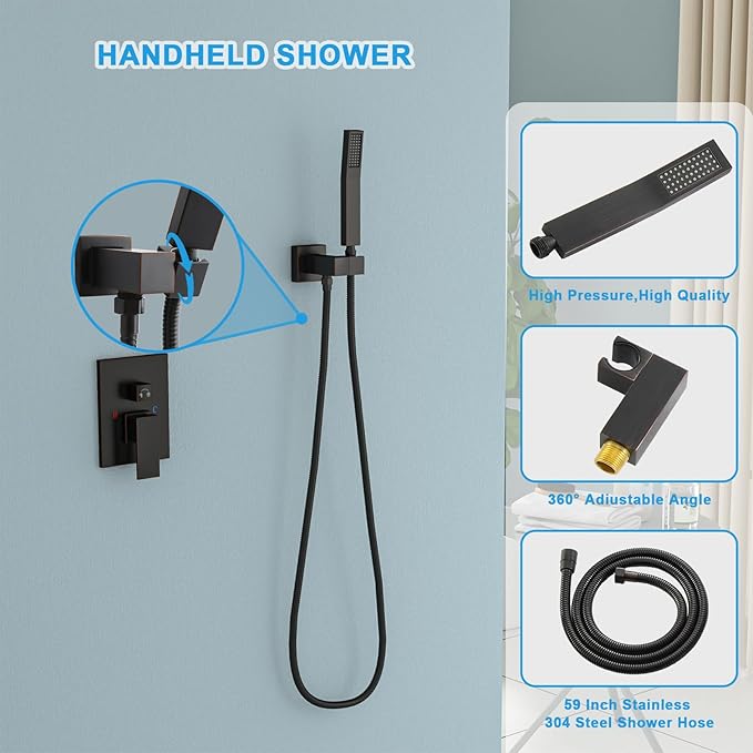 Black Shower Head Faucet - Lordear 8 Inch Wall Mounted Rain Shower System Set, Matte Black Stainless Steel Square Rainfall Shower Head with Handheld, Brass Valve Included