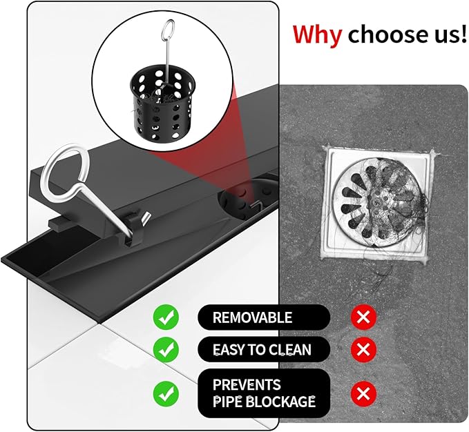 Linear Shower Drain, 304 Stainless Steel with Adjustable Leveling Feet, Hair Strainer,Reversely Install Place to Create an Invisible Floor Drain - Black -32-Inch