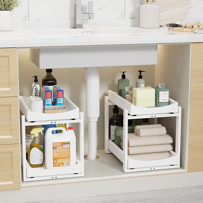 Bamboo Under Sink Organizer Adjustable Height 2 Tier Bathroom Organizer Pull Out Cabinet Storage Kitchen Heave Duty Wood Slide Ou Shelf for Kitchen Bathroom (White, 2 Packs)