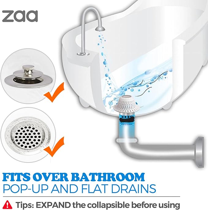 zaa Bathtub Drain Hair Catcher, Silicone Collapsible 1 Pack Drain Protector for Pop-Up and Regular Drains of Shower, Tub, Bathroom, Sink, Snow-White