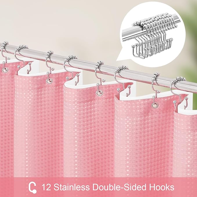 3 in 1 Shower Curtain Set, Pink Waffle Shower Curtain and PEVA Liner Set with 12 Stainless Steel Shower Curtain Hooks, Waterproof Fabric Shower Curtains for Bathroom, 72 W x 72 H
