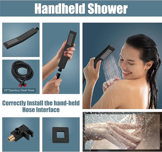 Aolemi Ceiling Mount Shower System Rain Shower Head with Handheld Spray High Pressure Shower Faucet Set Rough-in Valve Shower Trim Kit Included Bathroom Matte Black 12 Inch Ceiling Shower Head
