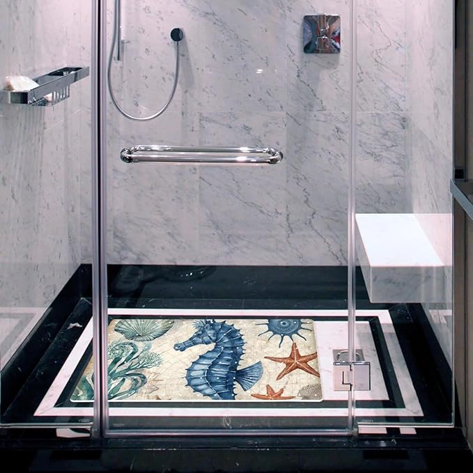 Bathtub Mats for Shower Tub, Anti-Slip Bath Mats for Inside Tub, Bathroom Shower Mats with Drain Holes and Suction Cups (Watercolor Marine Seahorse Vintage Map Background)