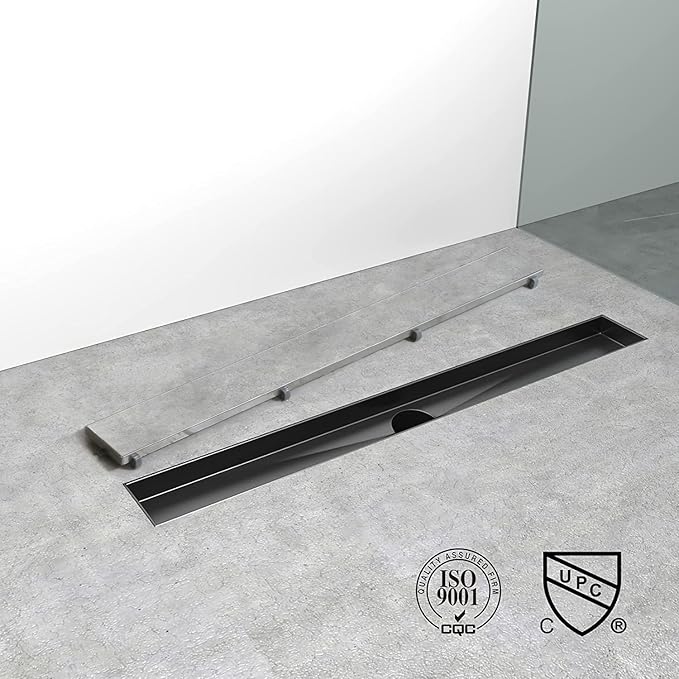 Linear Shower Drain, 28 inch Black Drain with Tile Insert 2-in-1 Panel, Brushed 304 Stainless Steel Shower Floor Drain, Linear Drain with Hair Strainer and Adjustable Feet