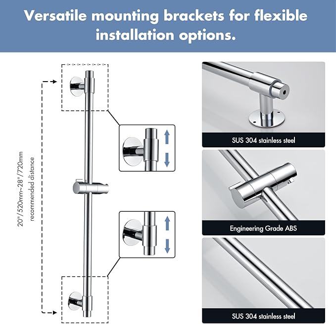 Adjustable Shower Slide Bar with 5-Function Handheld Shower Head, Stainless Steel Drill-free Mounted Slide Bar Combo with Extra Hose (Chrome)