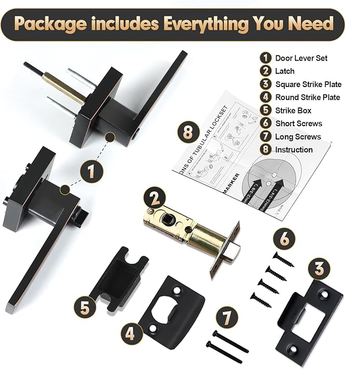 Privacy Door Levers, 1 Pack Oil Rubbed Bronze Door Handles Interior Heavy Duty Bed and Bath Keyless Door Locksets, Reversible for Left Right Handed Doors