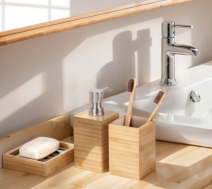 Bamboo Bathroom Accessories Set, 3 Pcs Wood Bathroom Accessories Soap Dispenser, Toothbrush Holder, Soap Dish, Kitchen Soap Dispenser Set for Home Decor, Housewarming Gift