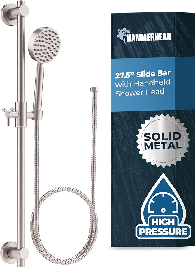 HammerHead Showers® Solid Metal 27.5 Inch Shower Slide Bar Set and Handheld Shower Head with Hose — BRUSHED NICKEL — 2.5 GPM High Pressure Spray Wand — Easily Adjust Height & Angle of Handshower