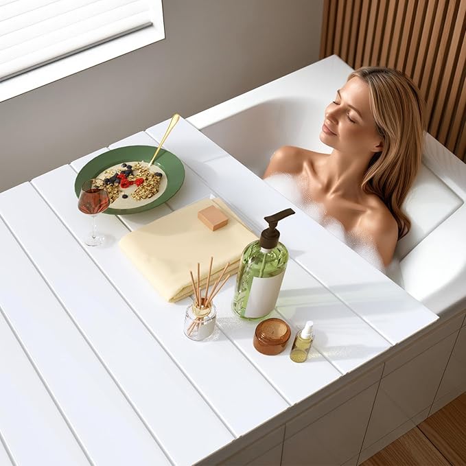 Bathtub Tray, Foldable Anti-dust Bathtub Cover Bath Insulation Cover, PVC Shutter Bath Lid Fit Most Tubs, Can Store Wine Glass, Books, Tablets, Cellphones (White, 150×70×0.6CM)