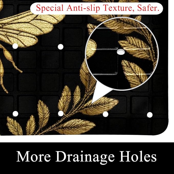 Bath Tub and Shower Mats, Non Slip Bathmat with Drain Holes and Suction Cups for Bathroom Floor, 15.1 x 26.8 Inch (Embroidery Art Golden Bee with Wreath)