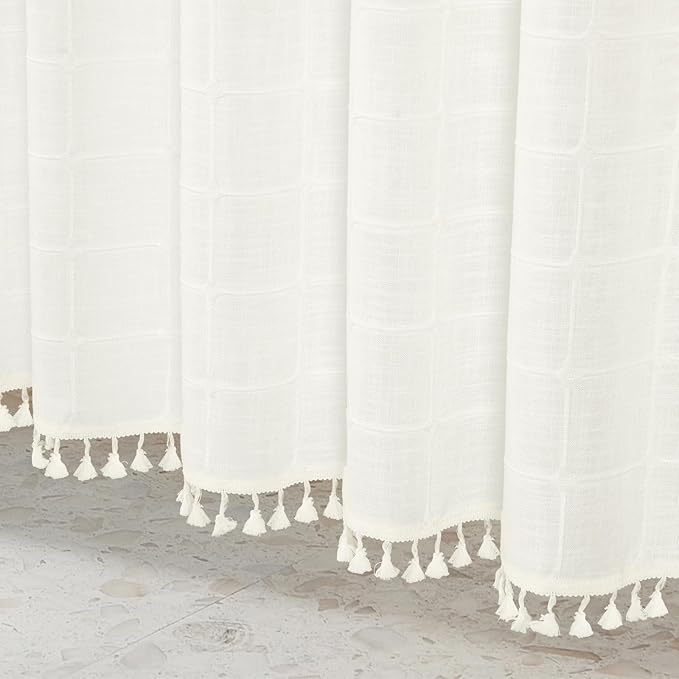 MitoVilla Cream White Small Stall Shower Curtain 36 x 72, Narrow Polyester Linen Fabric Shower Curtains for Farmhouse Bathroom Decor, Brown Half Size Cloth Shower Curtain Set with Hooks, Ivory