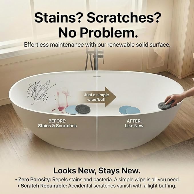 Cpingao 63" Solid Surface Freestanding Bathtub, Modern Oval Shape Soaking Tub, Stone Resin Stand Alone Bathtub with Drain & Integrated Slotted Overflow Matte White 8845-1600