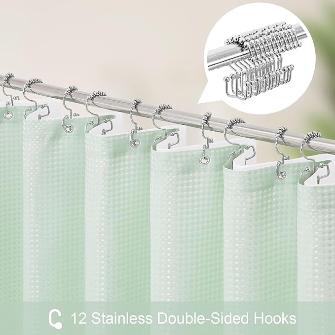 3 in 1 Shower Curtain Set, Mint Green Waffle Shower Curtain and PEVA Liner Set with 12 Stainless Steel Shower Curtain Hooks, Waterproof Shower Curtains for Bathroom, 72 W x 72 H