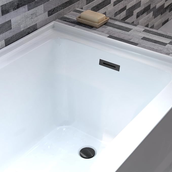 WOODBRIDGE 60" Acrylic Rectangular Alcove Soaking Bathtub in White with Right Drain, Matte Black Pop-Up Drain Included BA6030R