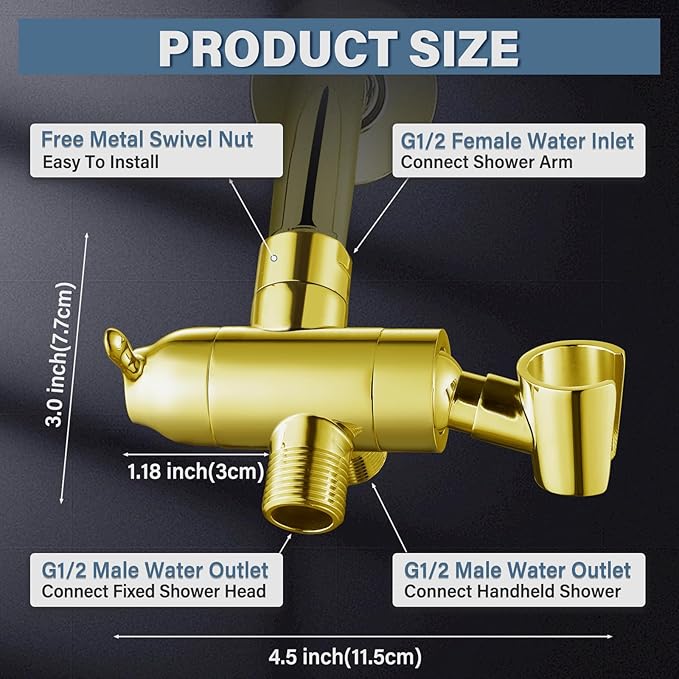 Shower Diverter Valve with Handshower Mount, G1/2 Brass Shower Arm Diverter 3 Way Bathroom Universal Shower System Replacement for Handheld Shower and Fixed Shower Head, Polisded Gold