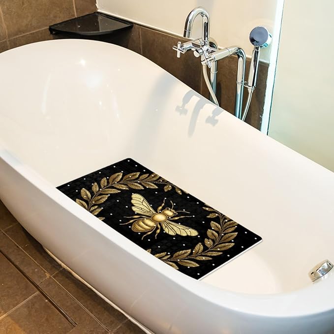 Bath Tub and Shower Mats, Non Slip Bathmat with Drain Holes and Suction Cups for Bathroom Floor, 15.1 x 26.8 Inch (Embroidery Art Golden Bee with Wreath)