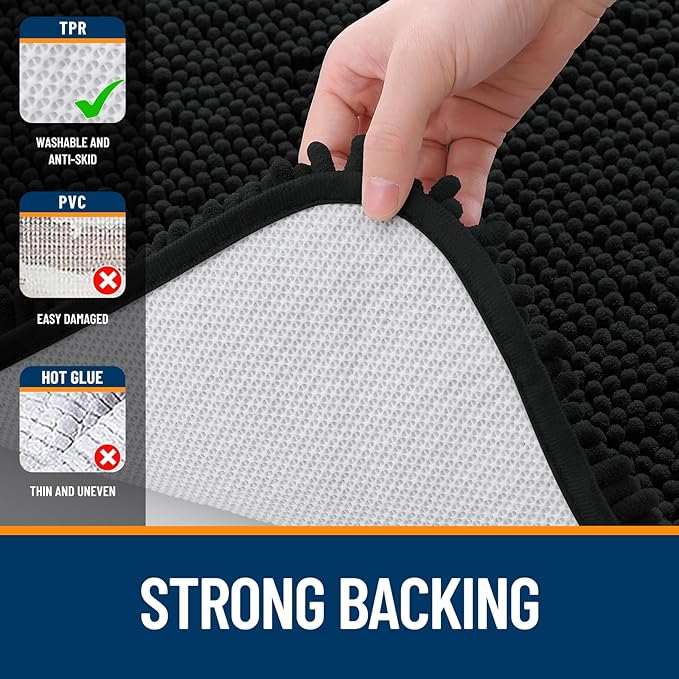 OLANLY Bathroom Rugs 59x20, Extra Soft Absorbent Chenille Bath Rugs, Rubber Backing Quick Dry, Machine Washable Bath Mats for Bathroom Floor, Tub and Shower, Home Decor Accessories, Black
