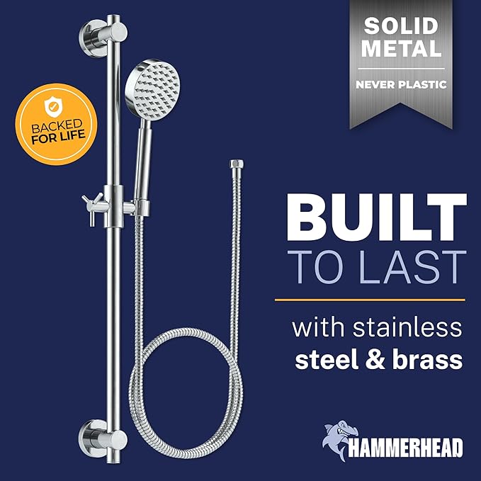HammerHead Showers® Solid Metal 27.5 Inch Shower Slide Bar Set and Handheld Shower Head with Hose — CHROME — 2.5 GPM High Pressure Spray Wand — Easily Adjust Height & Angle of Handshower