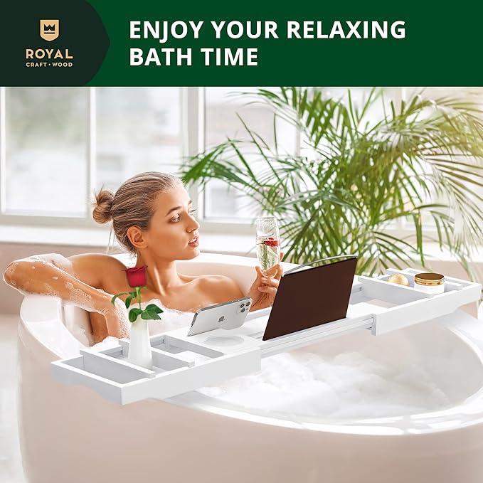 ROYAL CRAFT WOOD Premium Foldable Bathtub Tray - Wood Bath Tray for Tub, Bamboo Shelf, Expandable Bath Table Trays, Bathtub & Bathroom Accessories for New Home & Mothers Day & Birthday Gifts for Mom